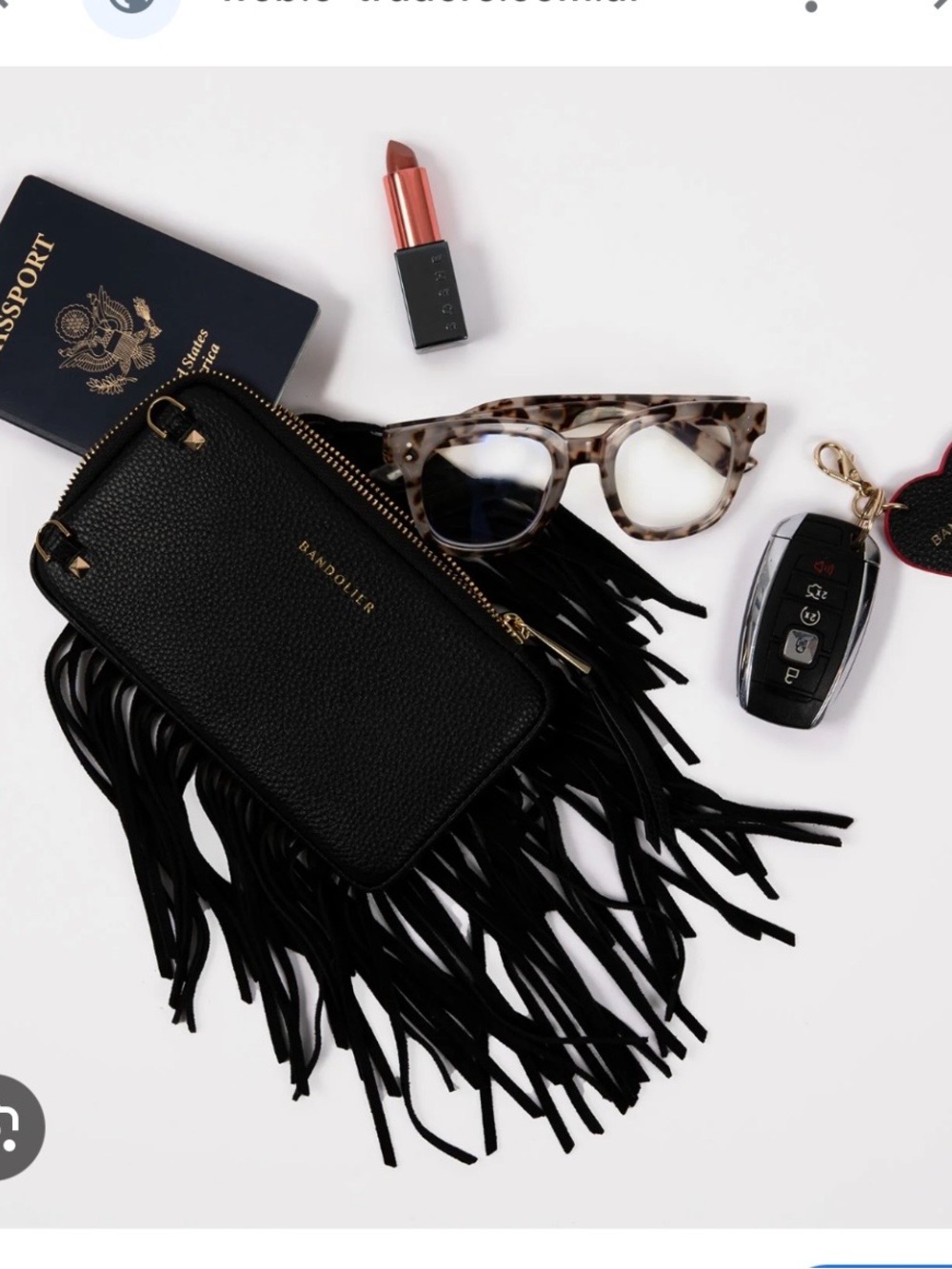 Bandolier Black Leather Fringe Expanded Pouch with Gold Logo with strap